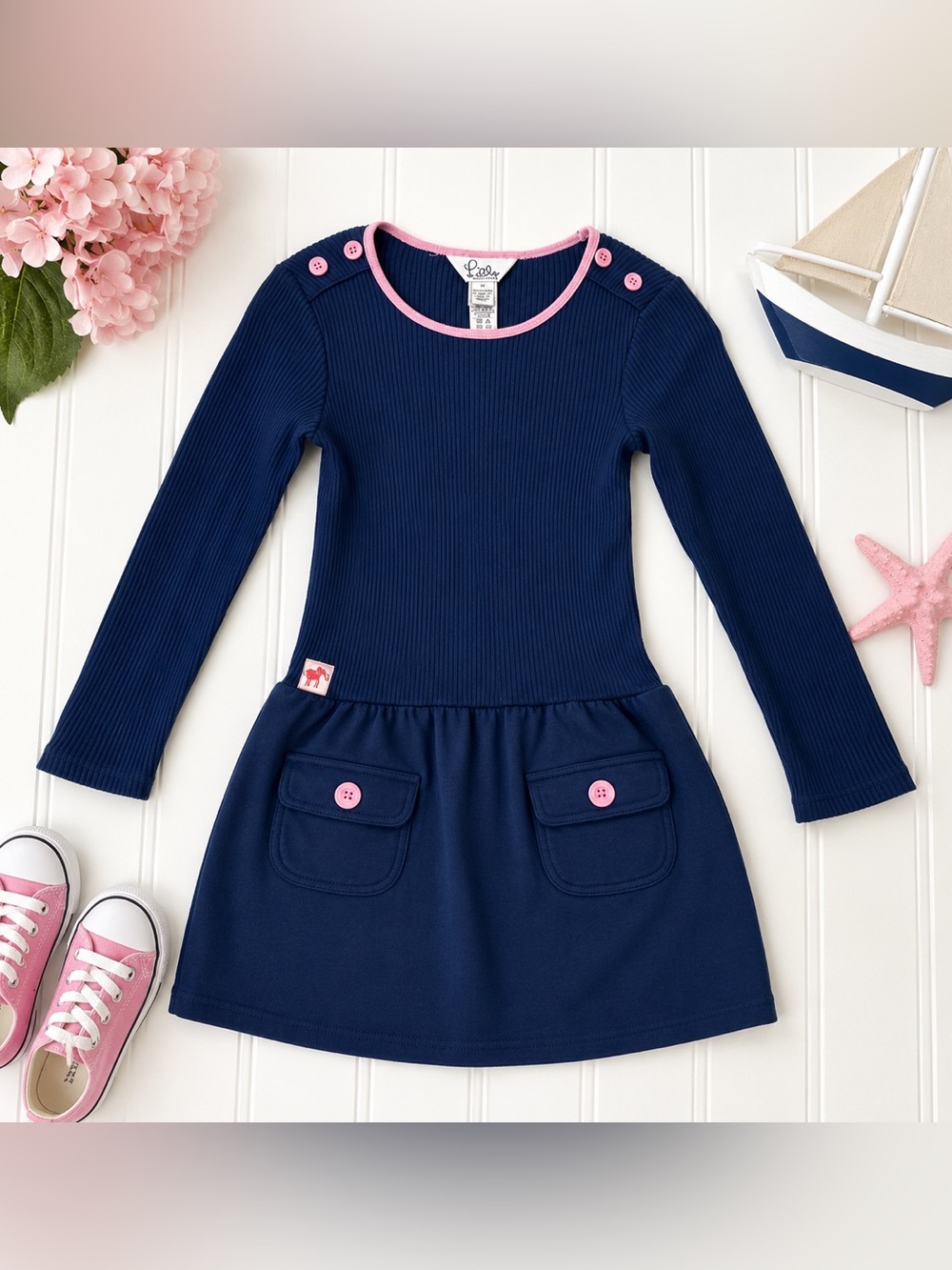 Lilly Pulitzer Girls Navy Blue Pink Trim Long Sleeve Dress